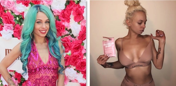 A picture of Mariahlynn before and after breast augmentation.